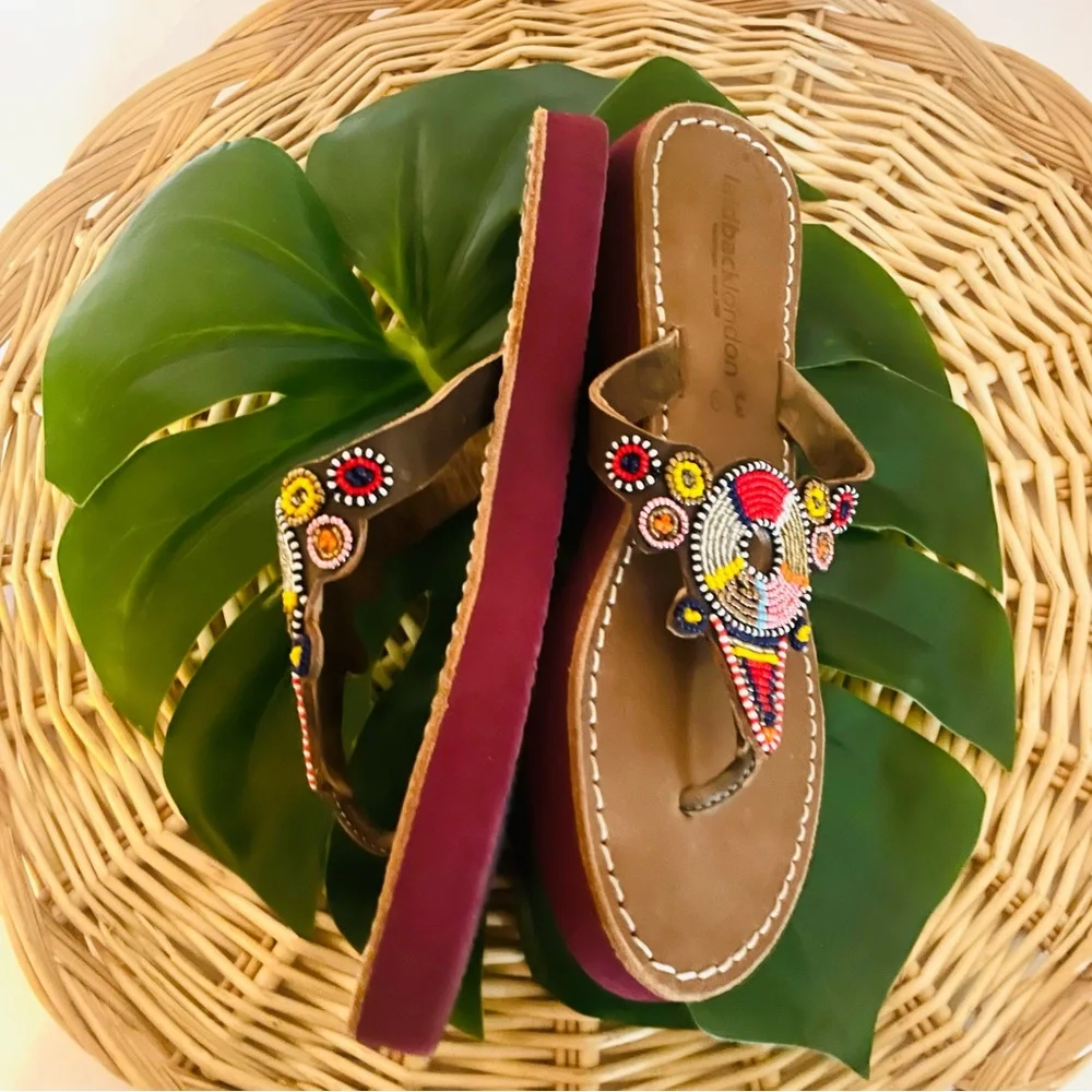 Laidback London Shibli SSR Leather Beaded Handmade Sandal Red Mix Size 39